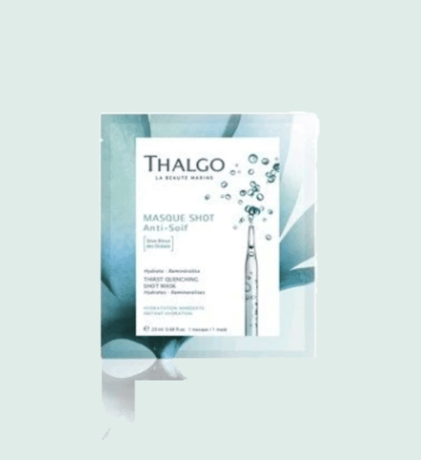 Masque hydratant Thalgo dans un sachet en papier, sur fond vert