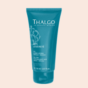 Tube de gel jambes légères Thalgo en plastique bleu, sur fond orange