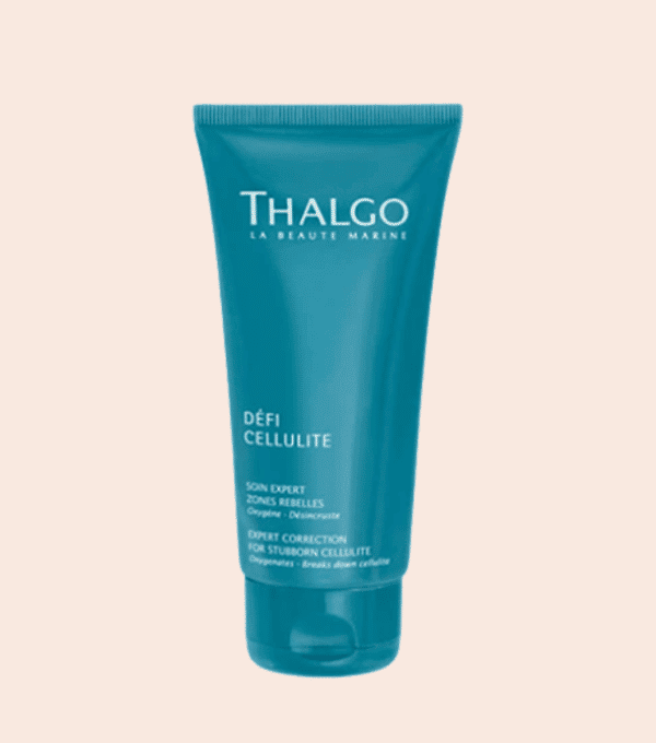 Tube de soin expert zones rebelles Thalgo en plastique bleu, sur fond orange